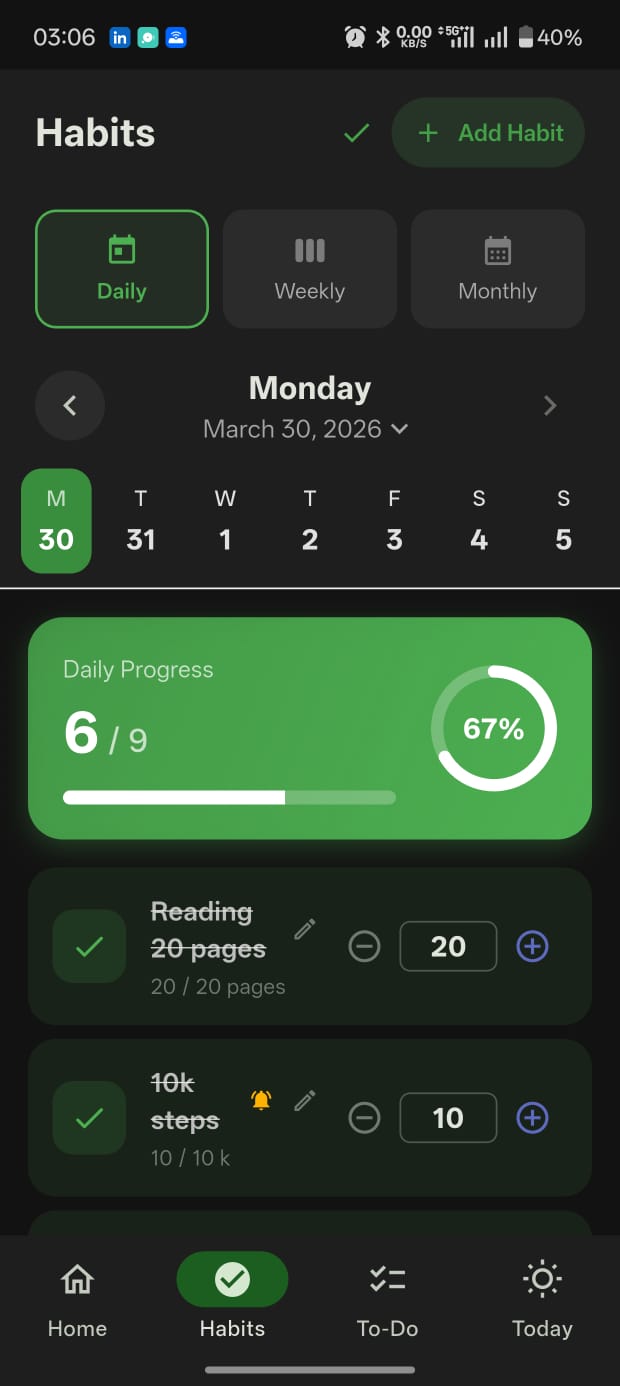 Habit tracking screen