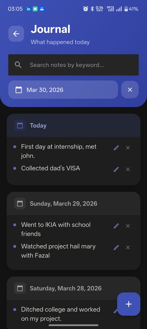 Journal screen